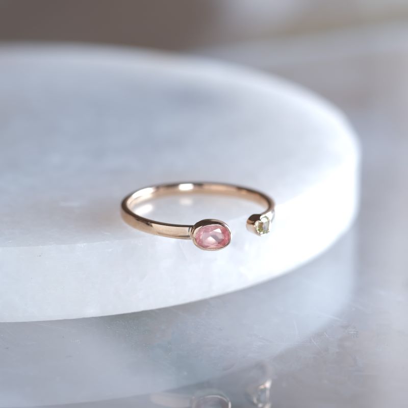 K10 spretta ring 天然石ロードクロサイト×ペリドット ゴールドリング